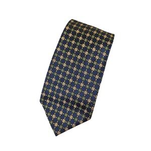 Giannelli Silk Necktie Blue Green Gold‎ Geometric Pattern Hand Sewn in USA